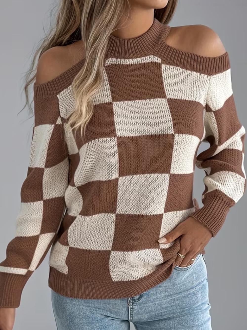Coffee Brown Checkered Cold-Shoulder Sweater